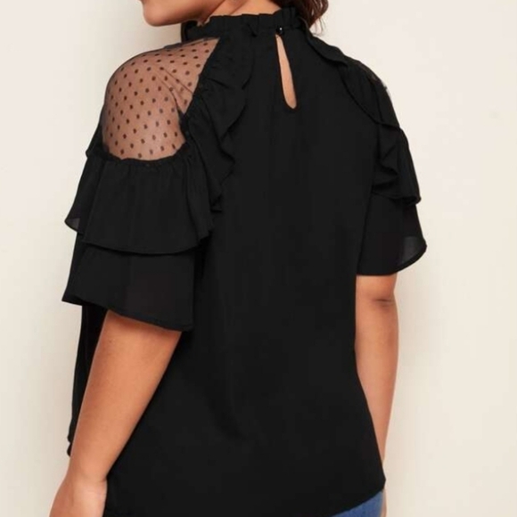 Dobby Mesh Dot Shoulder Ruffle Frill Trim Top Size 14 - Picture 2 of 12